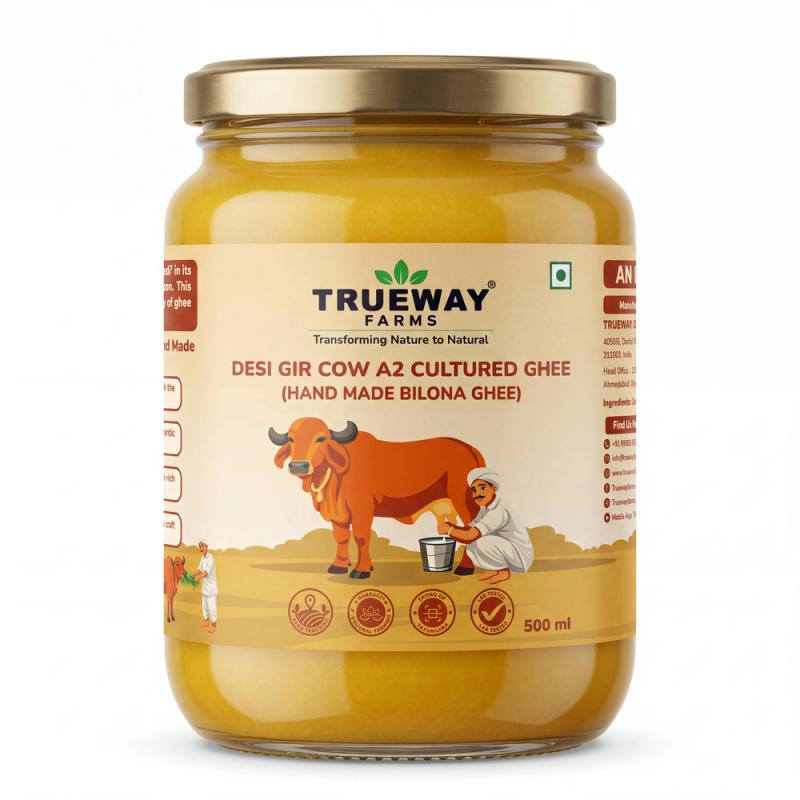 Truewau Farms Organic A2 Gir Cow Ghee (500 Ml) | Traditional Bilona Method A2 Cow Ghee | Grassfed, Pure And Healthy Desi Cow Ghee (glass Bottle - 500 Ml)