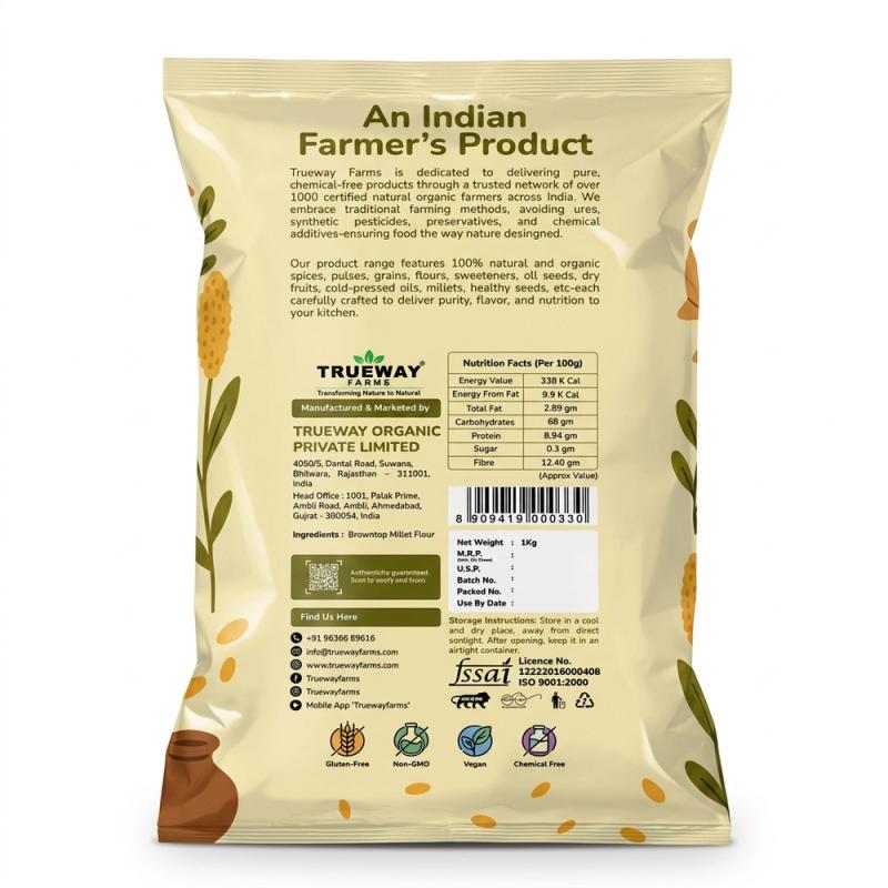Trueway Farms Organic Pre-soaked Browntop Millet Flour, Korale, Andu Korralu, Gluten Free, Unpolished, High Fibre Flour 1kg